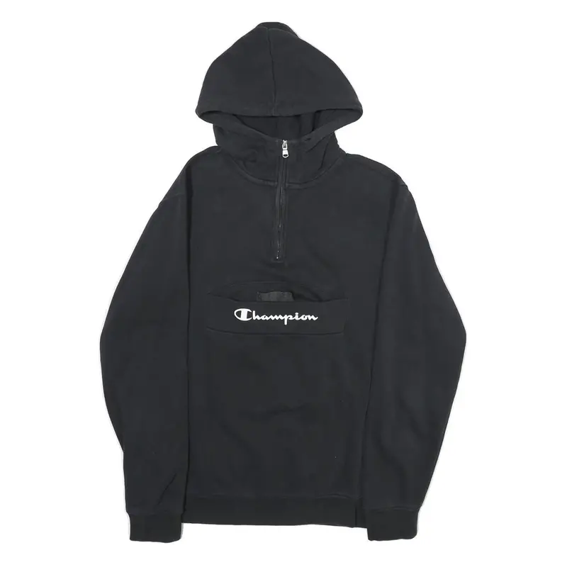 Champion Mens Black Pullover Hoodie S Cotton Blend Zip Pocket Logo 1