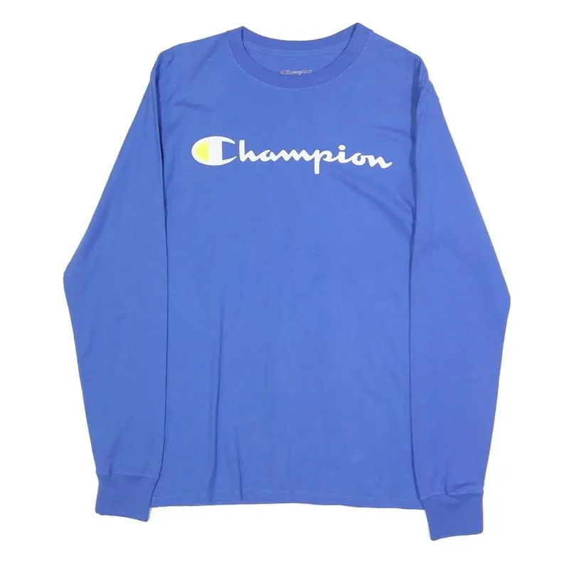 Champion Mens Blue Long Sleeve Crew Neck Logo Graphic T-Shirt S 1