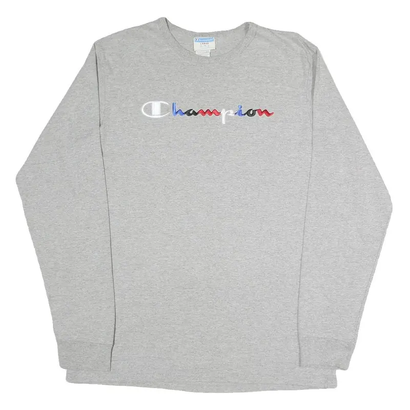 Champion Mens Grey Long Sleeve Crew Neck Logo Cotton Blend T-Shirt L 1