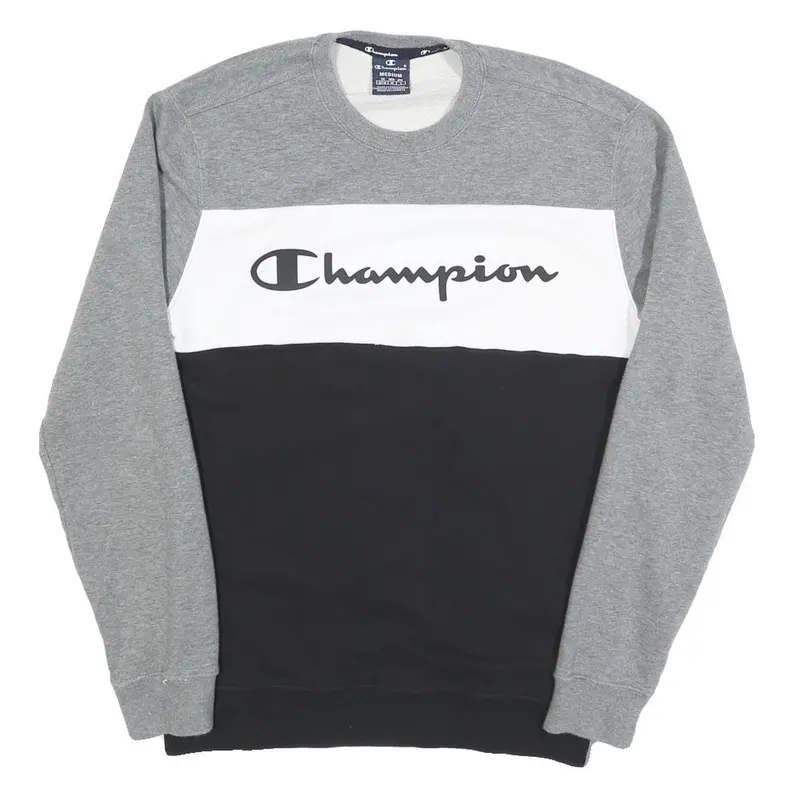 Champion Mens Grey White & Black Logo Crew Neck M Cotton Blend Sweatshirt 1