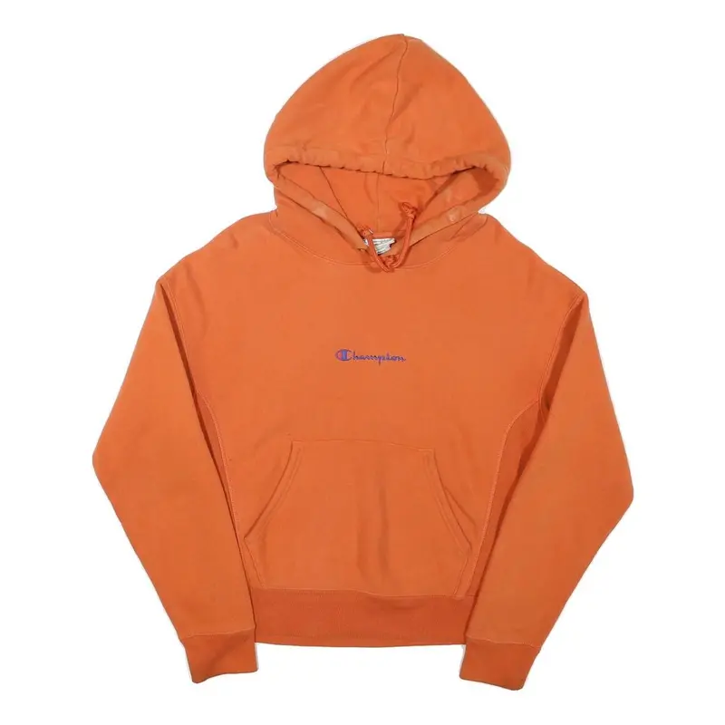 Champion Mens Orange Hoodie S Cotton Blend Pullover Classic Logo Sweatshirt 1