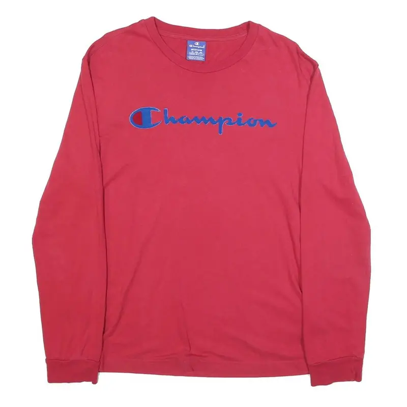 Champion Mens Red Blue Script Logo Long Sleeve Crew Neck T-Shirt M Cotton Blend 1