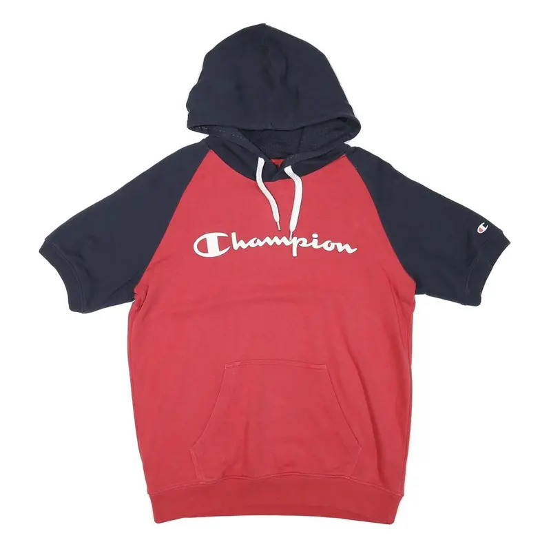 Champion Mens Red & Navy Short Sleeve Hoodie M Cotton Blend Casual Pullover 1