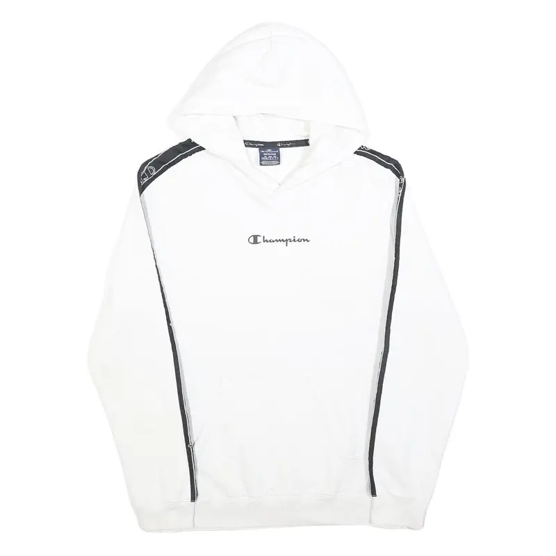 Champion Mens White & Black Logo Tape Hoodie M Cotton Casual Sweatshirt 1