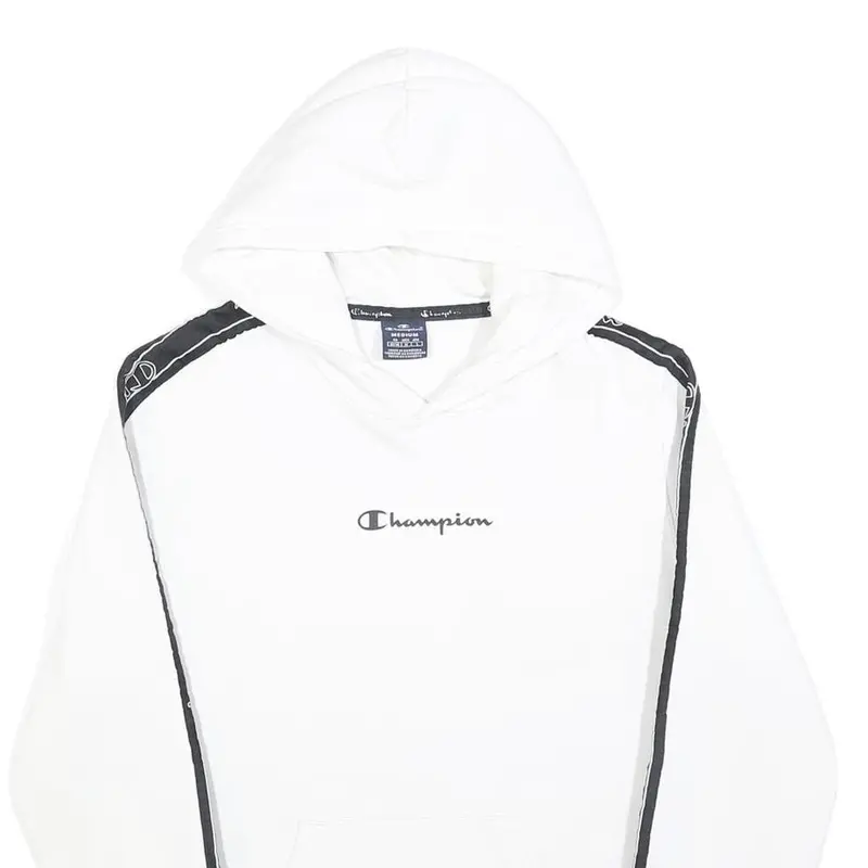 Champion Mens White & Black Logo Tape Hoodie M Cotton Casual Sweatshirt 2