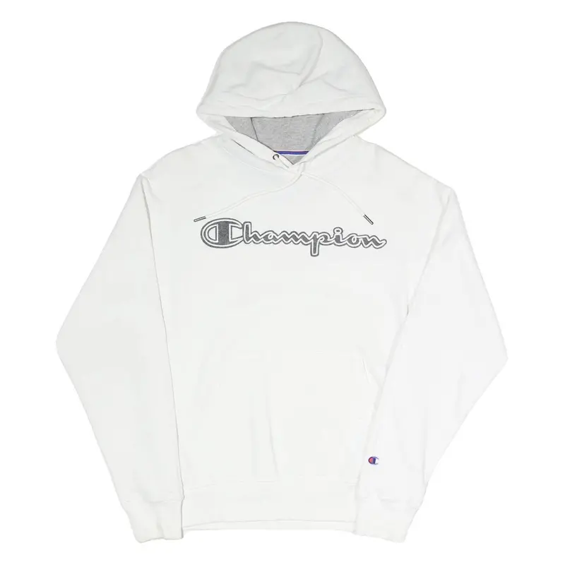 Champion Mens White Cotton Blend Pullover Hoodie S Logo Script Chest 1