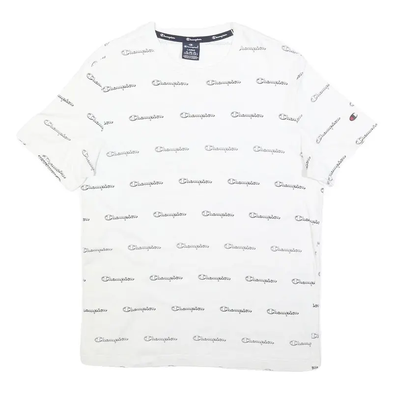 Champion Mens White Crew Neck Short Sleeve Graphic T-Shirt L Cotton Blend 1