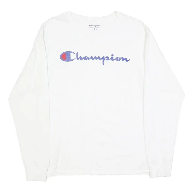 Champion Mens White Graphic T-Shirt M Long Sleeve Crew Neck Cotton Blend Logo 1