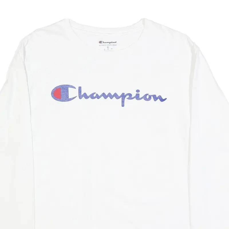 Champion Mens White Graphic T-Shirt M Long Sleeve Crew Neck Cotton Blend Logo 2