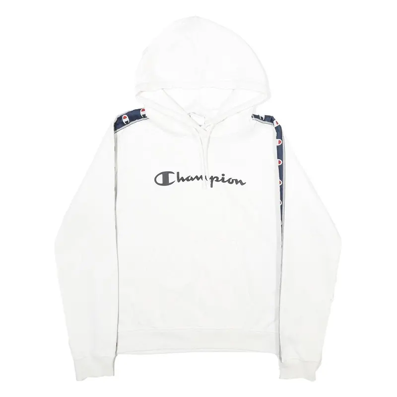 Champion Mens White & Navy Logo Tape Pullover Hoodie M Cotton Blend 1