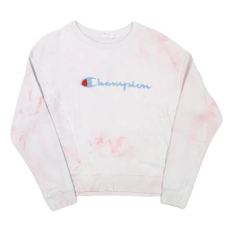 Champion Mens White & Pink Script Logo Crew Neck S Cotton Blend Sweatshirt 1