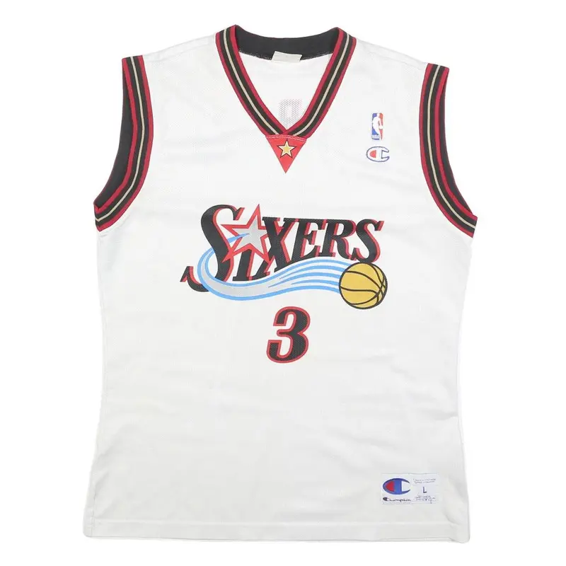 Champion Mens White & Red Sixers Iverson Basketball Jersey L Sleeveless V-Neck 1