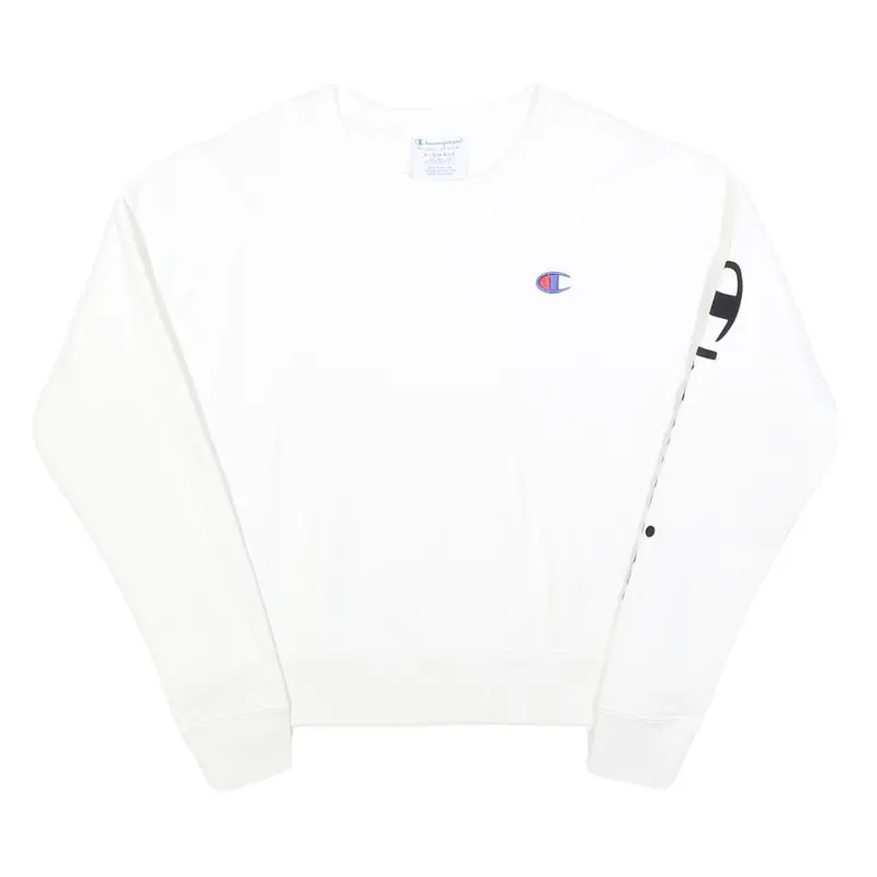 Champion Reverse Weave Mens White Crew Neck Sweatshirt Xs Champion Sleeve Logo 1