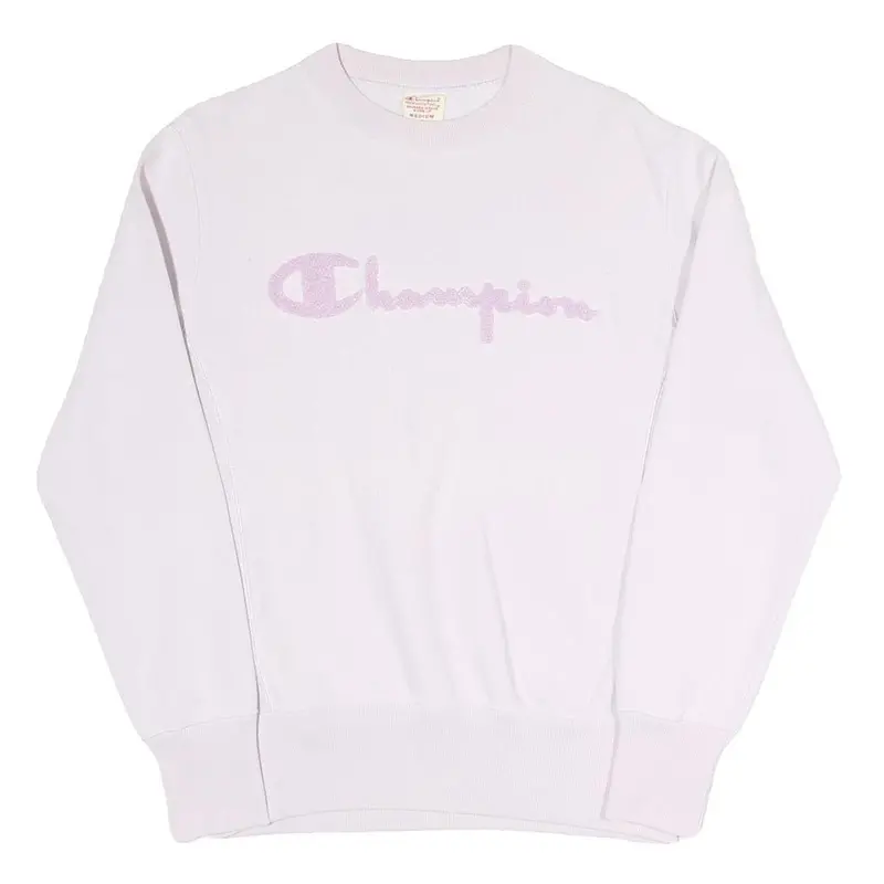 Champion Reverse Weave Womens White Lilac Crew Neck M Signature Logo Sweatshirt 1