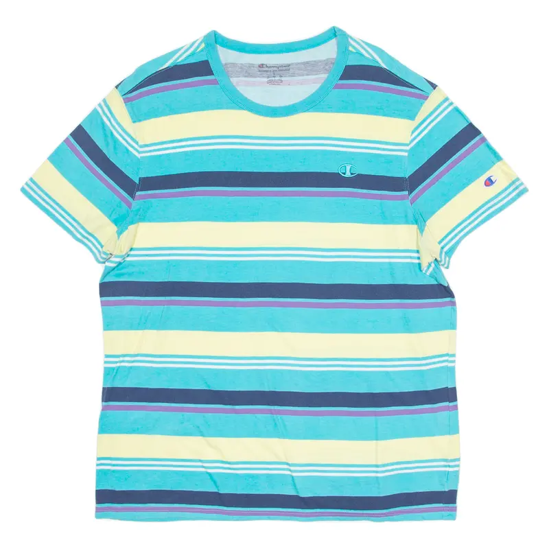 Champion Striped Mens T-Shirt Blue Crew Neck L 1