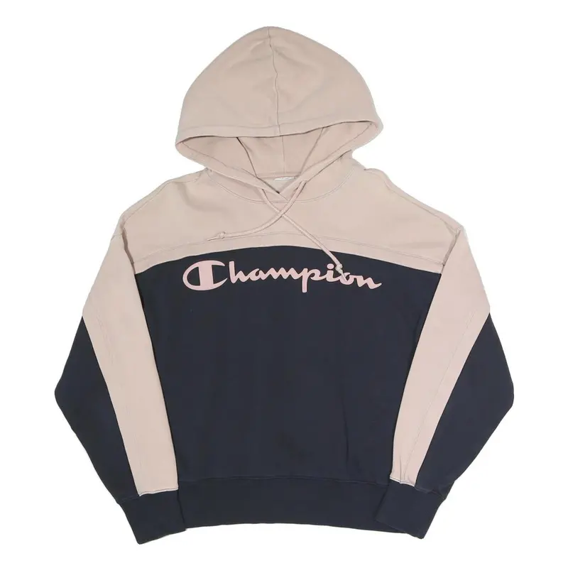 Champion Womens Beige & Navy Hoodie S Cotton Blend Casual Drawstring Hood 1