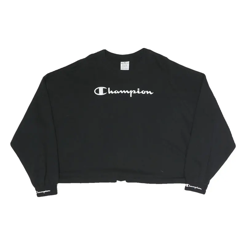 Champion Womens Black Cropped Crew Neck Sweatshirt M Cotton Blend Logo 1