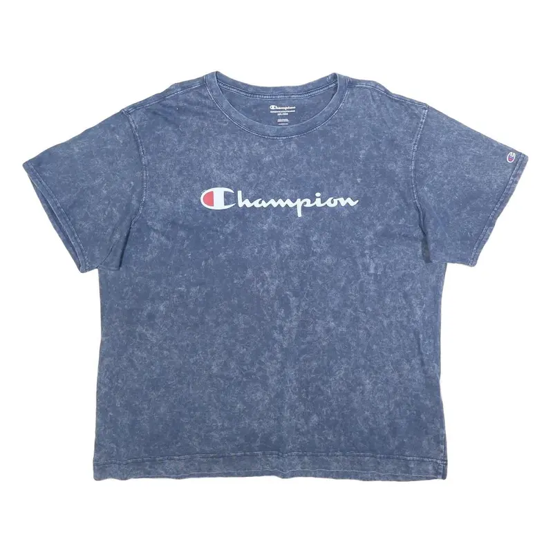 Champion Womens Blue Acid Wash Logo Graphic T-Shirt 2Xl Short Sleeve Crew Neck 1