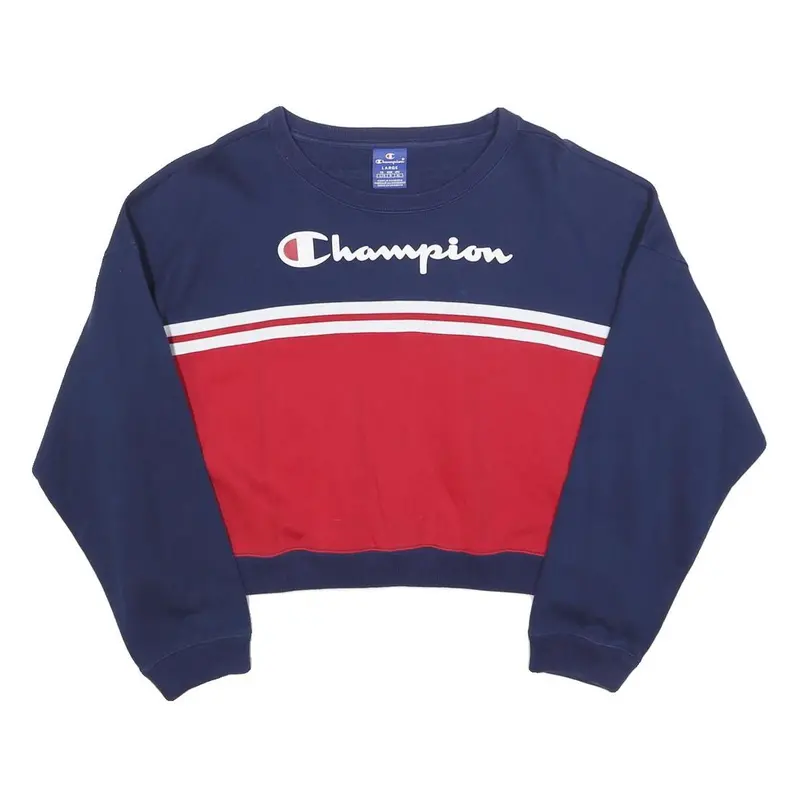 Champion Womens Blue & Red Crew Neck L Cropped Sleeve Stripe Sweatshirt 1