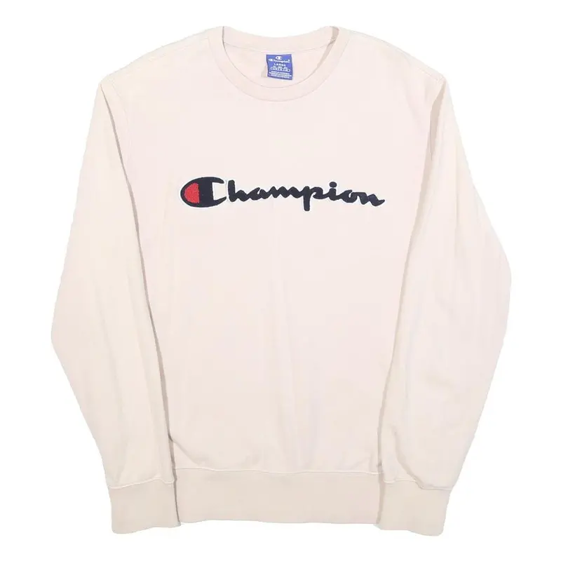 Champion Womens Cream Cotton Blend Crew Neck Sweatshirt L Classic Logo 1