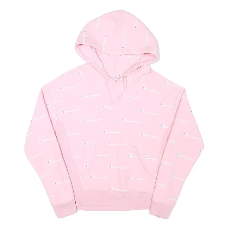 Champion Womens Pink Cotton Blend All Over Logo Pullover Hoodie M 1