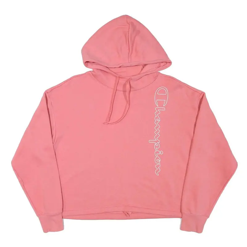 Champion Womens Pink Cotton Blend Pullover Hoodie L Cropped Drawstring 1