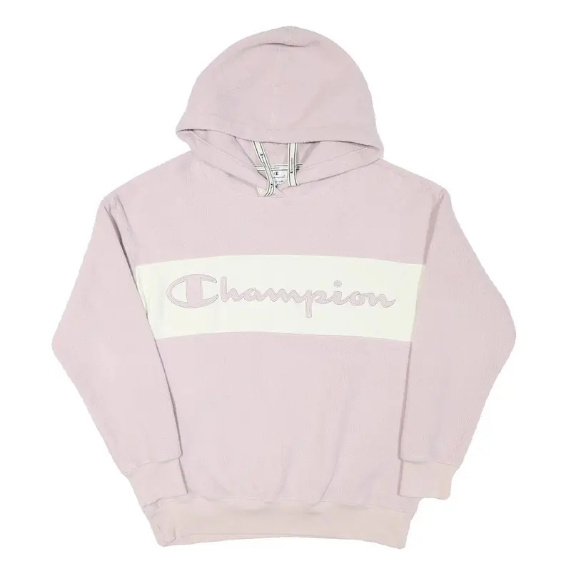Champion Womens Pink & Cream Logo Pullover Hoodie M Soft Polyester Blend 1