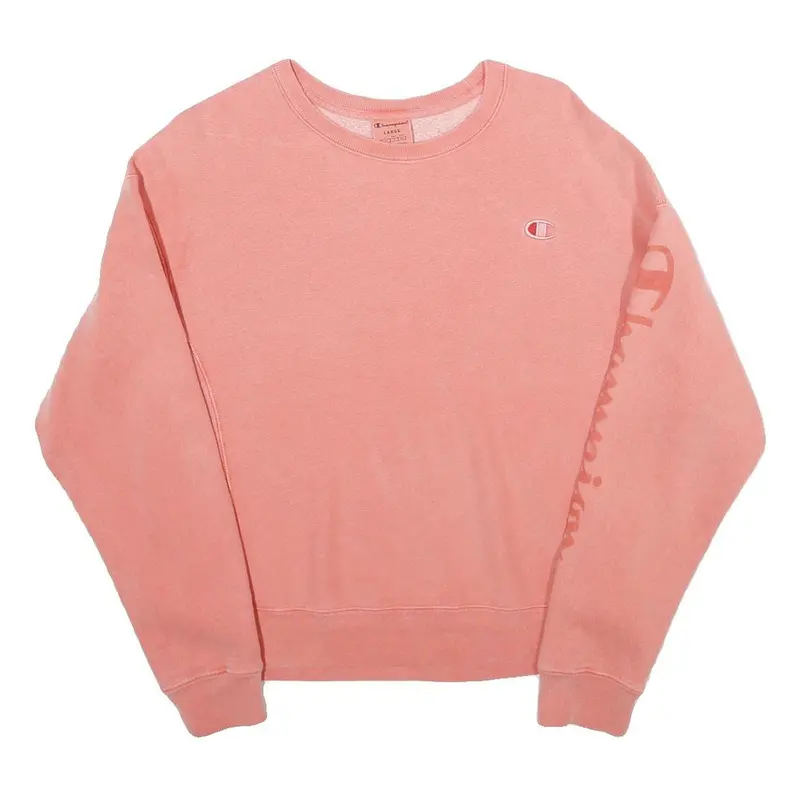 Champion Womens Pink Sweatshirt Crew Neck L Logo Printed Sleeve Casual Pullover 1
