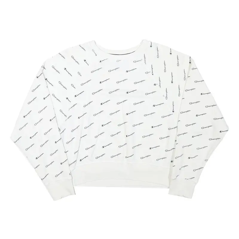 Champion Womens White All Over Logo Crew Neck M Cotton Blend Sweatshirt 1