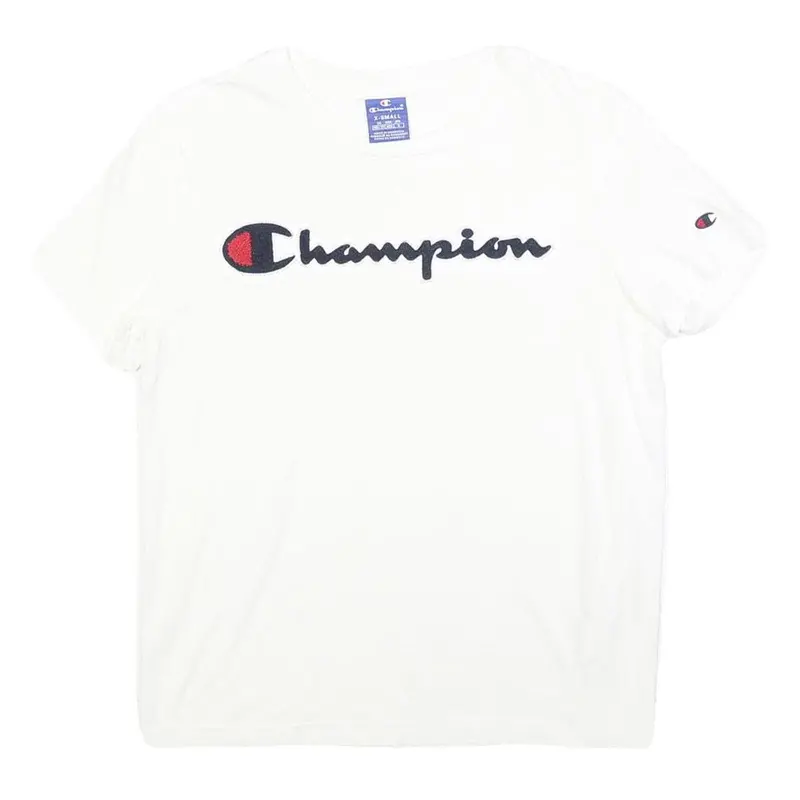 Champion Womens White Short Sleeve Crew Neck Logo Script Xs Cotton Blend T-Shirt 1
