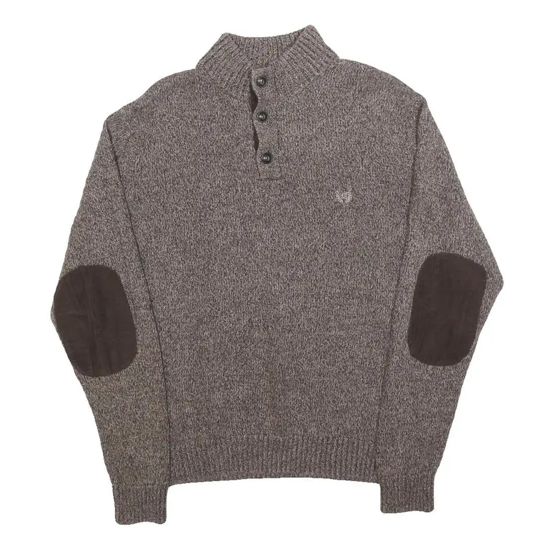 Chaps Mens Brown Patterned Pullover Button Neck Cable Knit M Cotton Jumper 1