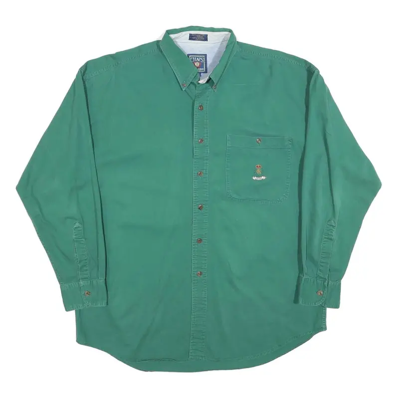 Chaps Mens Green Cotton Shirt L Button Down Pocket Classic Fit Comfortable 1
