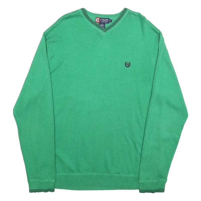 Chaps Mens Green Plain V-Neck Basic Knit Jumper M Cotton Lightweight Classic 1