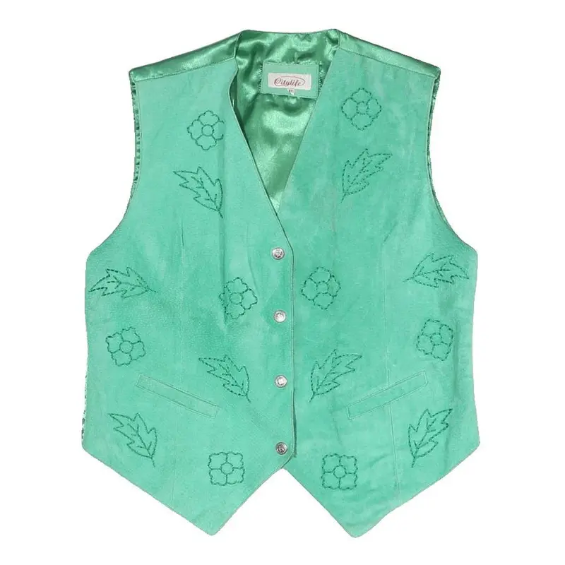 City Life Womens Green Embroidered Button Jacket M Polyester Blend Vest 1
