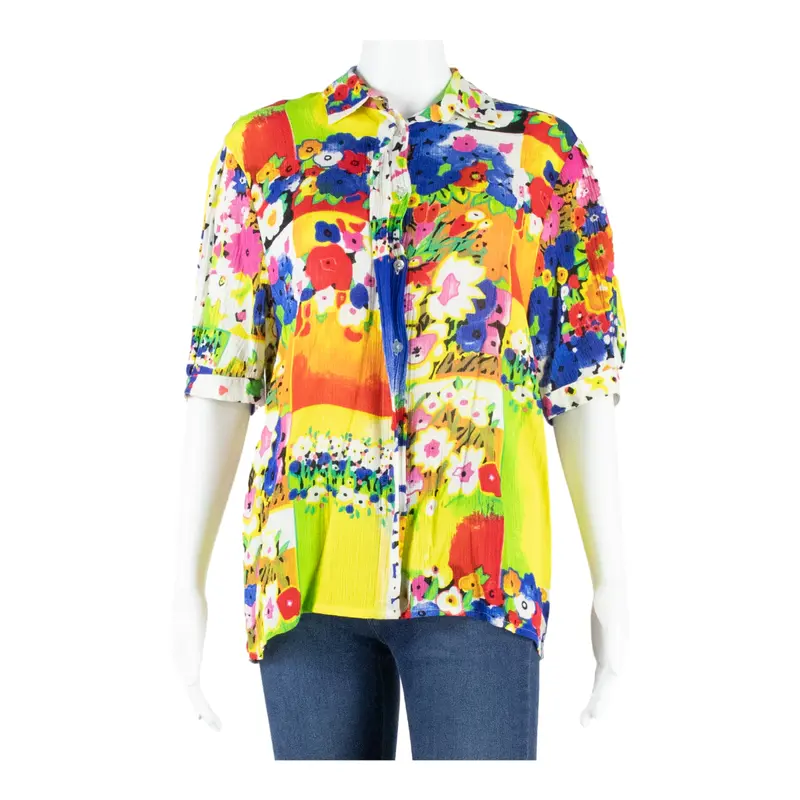 City Looks Womens Shirt Green Collared Crazy Pattern M 1