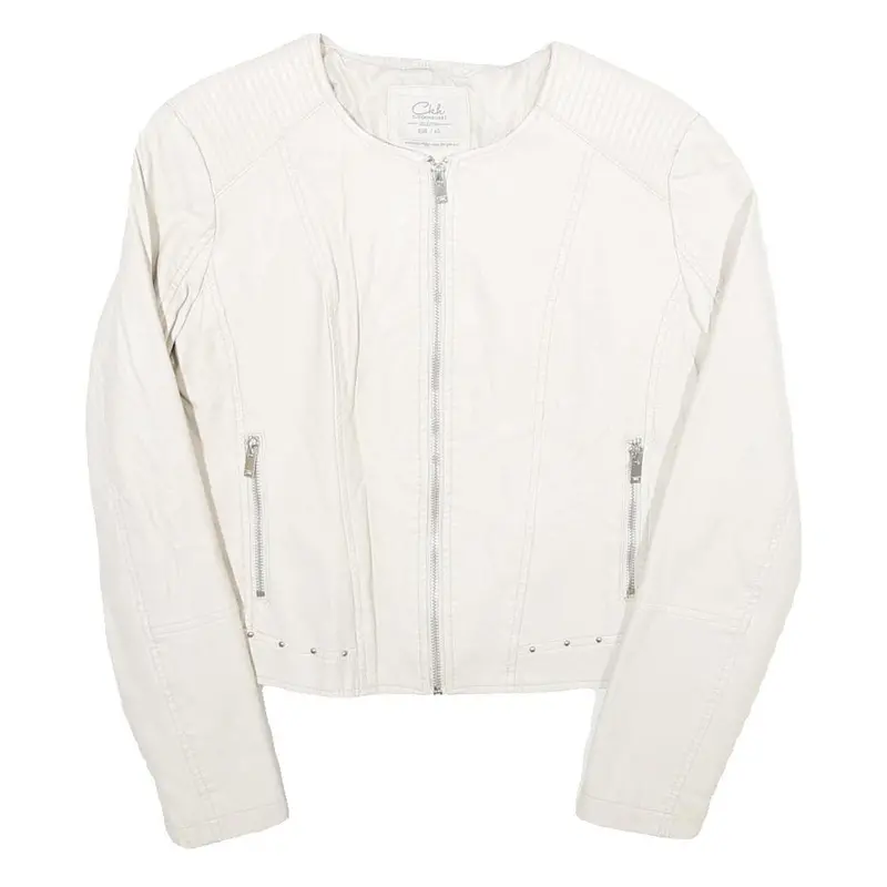 Clockhouse Womens White & Silver Faux Leather Biker Jacket Uk 12 Zip Plain 1