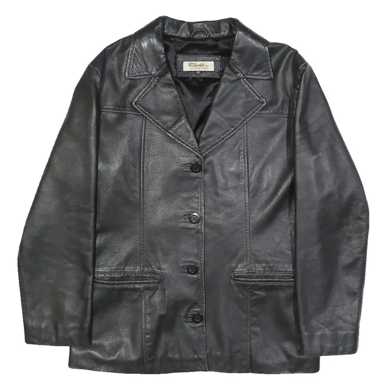 Cofi Womens Black Leather Jacket Xl Button Plain Stylish Classic Outerwear 1