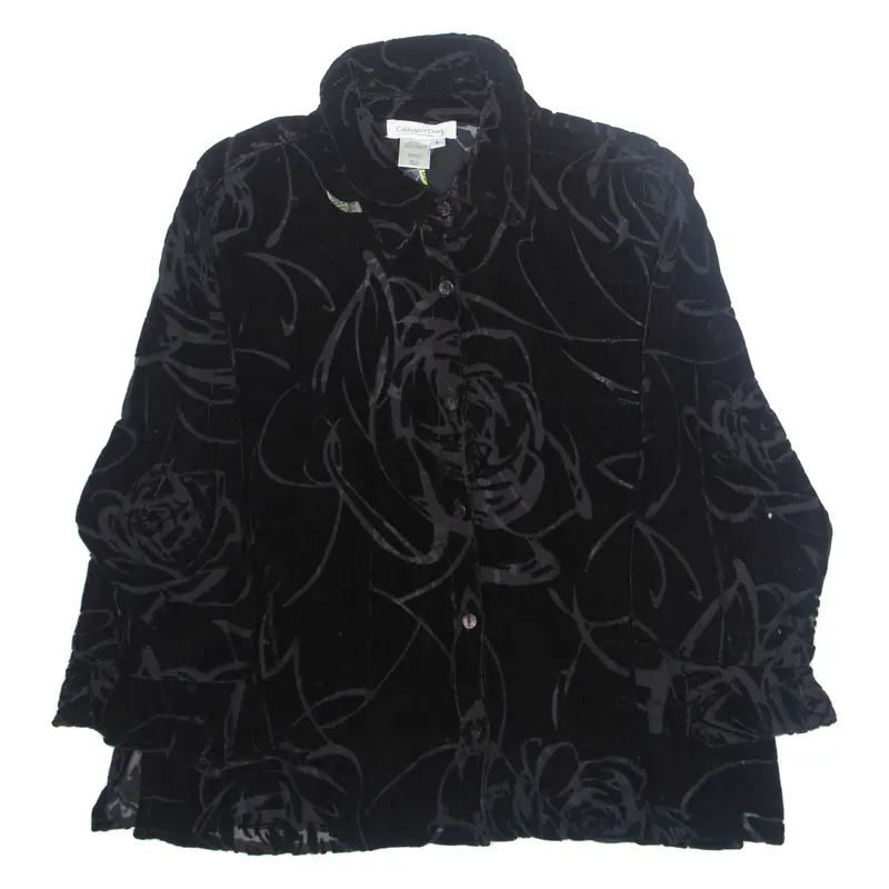 Coldwater Creek Womens Blouse Black Collared Long Sleeve Floral L 1
