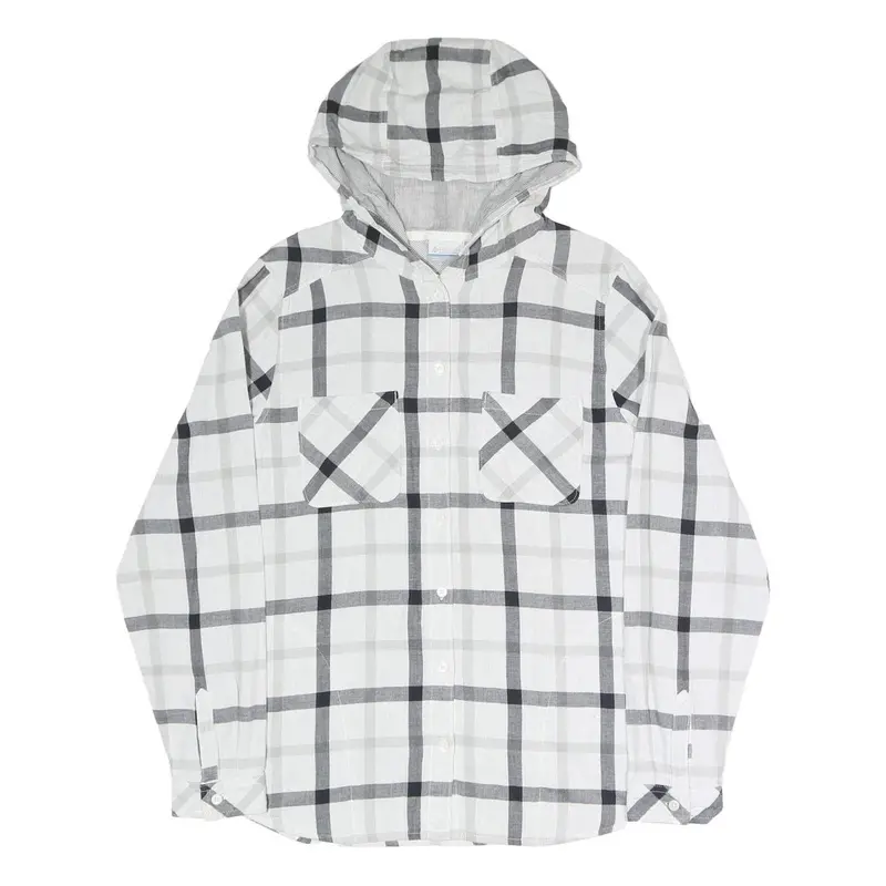 Columbia Womens White & Grey Check Hooded Shirt M Cotton Blend Button Casual 1