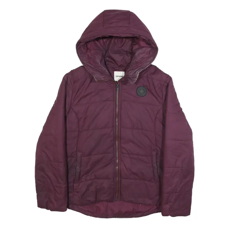 Converse Womens Maroon Jacket L Polyester Quilted Hooded Zip Casual Outerwear 1
