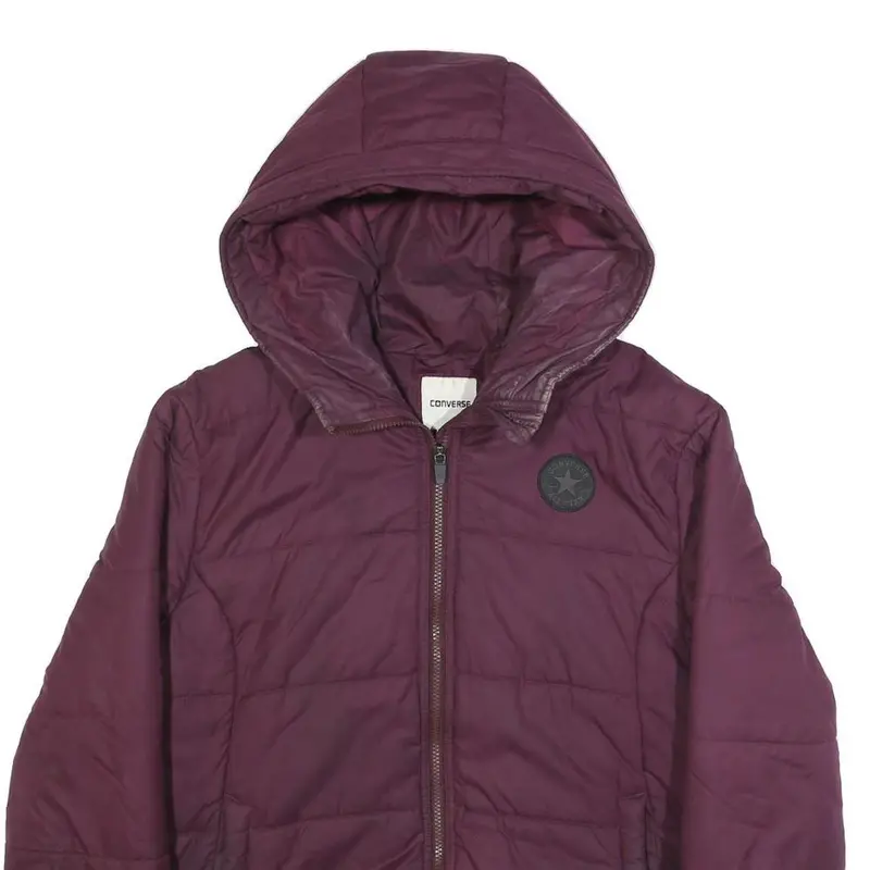 Converse Womens Maroon Jacket L Polyester Quilted Hooded Zip Casual Outerwear 2