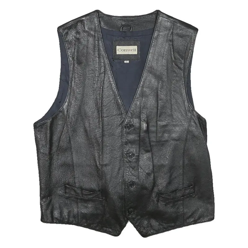 Conwell Mens Black Leather Waistcoat Xl Button Woven Classic Vest 1