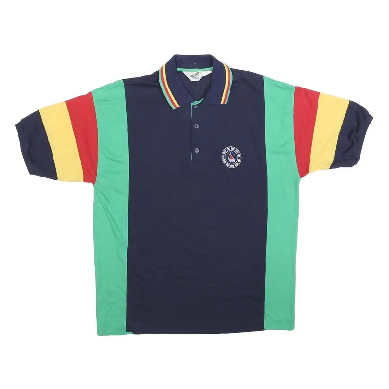 Court Club Mens Navy Green Red & Yellow Colour Block Short Sleeve Polo Shirt L 1