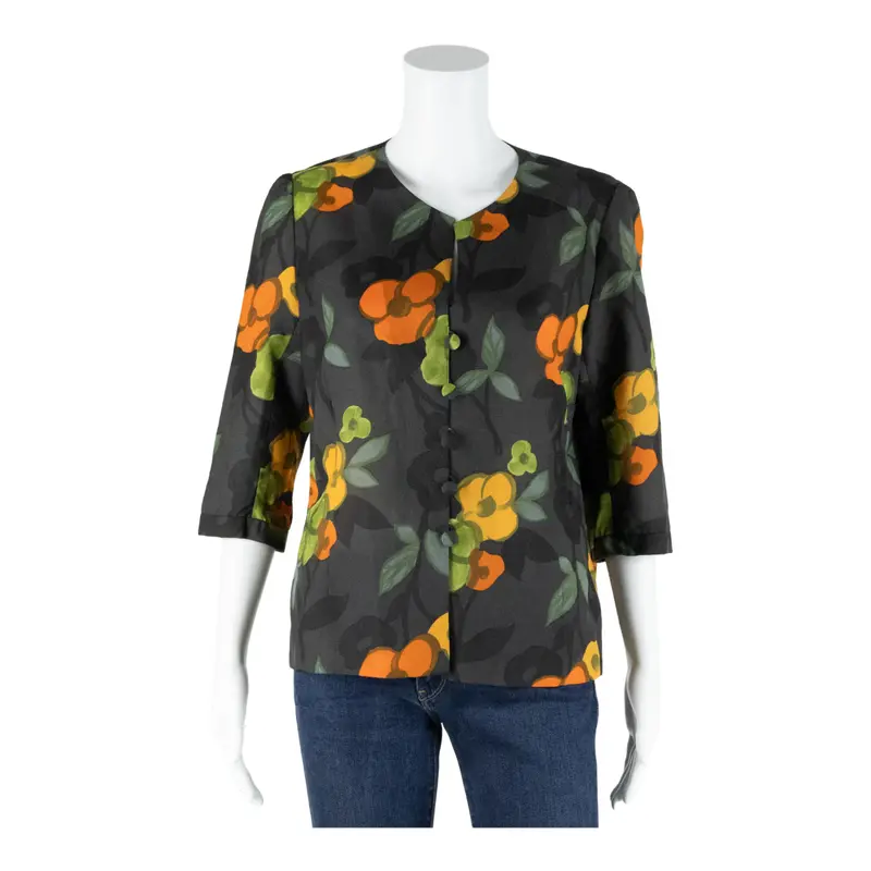 Couture Boog Button Up Womens Printed Blouse Black 3/4 Sleeve Floral M 1