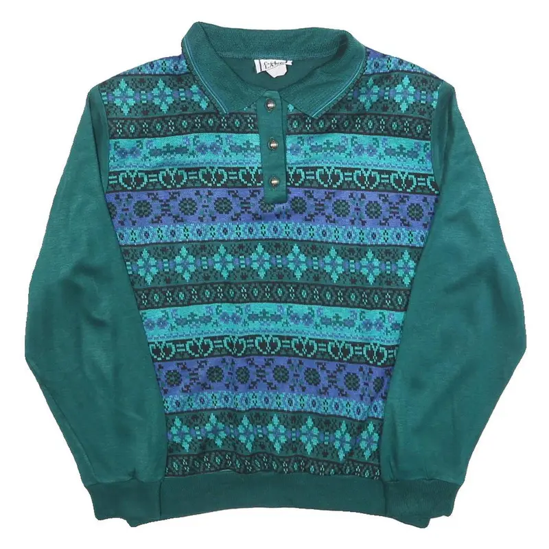 Cricket Lane Womens Green Patterned Jumper Polo Neck Chunky Knit L Button Up 1
