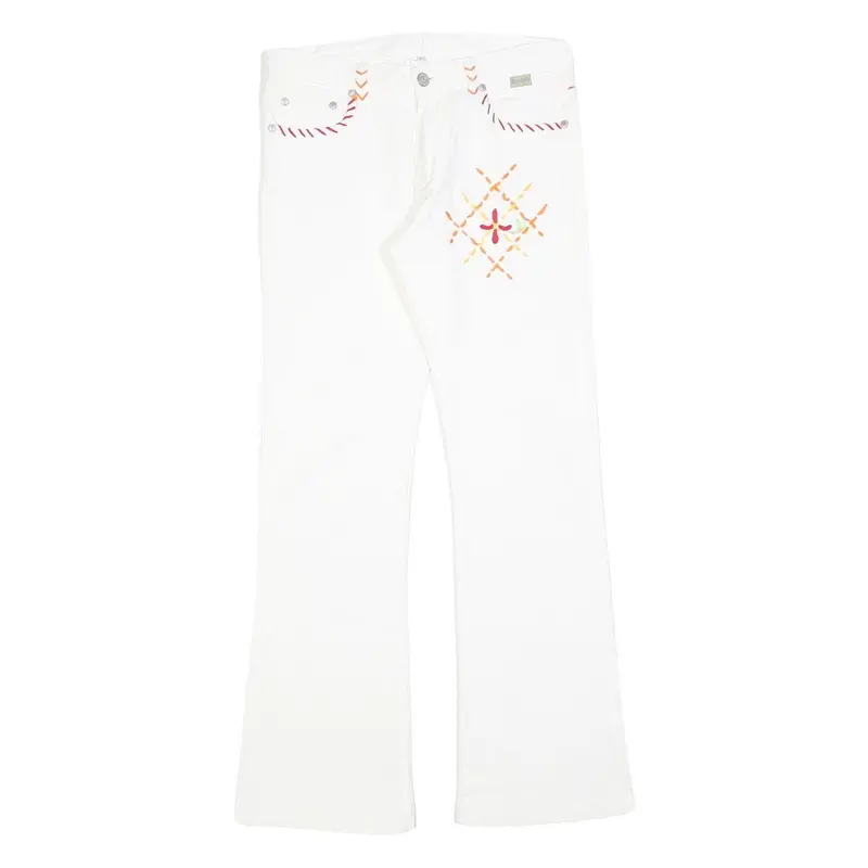 Crystal Womens Cotton Blend White Embroidered Regular Flared Trousers W27 L30 1