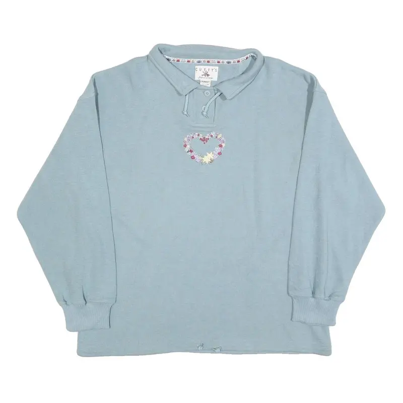 Cuffys Womens Blue Collar L Floral Heart Embroidered Sweatshirt Casual Pullover 1