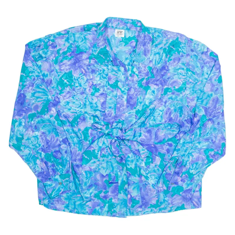 Cv Womens Printed Blouse Blue Collared Long Sleeve Floral L 1