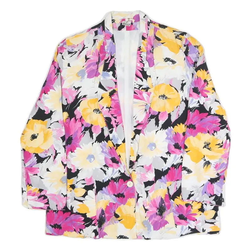 Delila Womens Black Yellow & Pink Floral Jacket L Polyester Blend Button 1