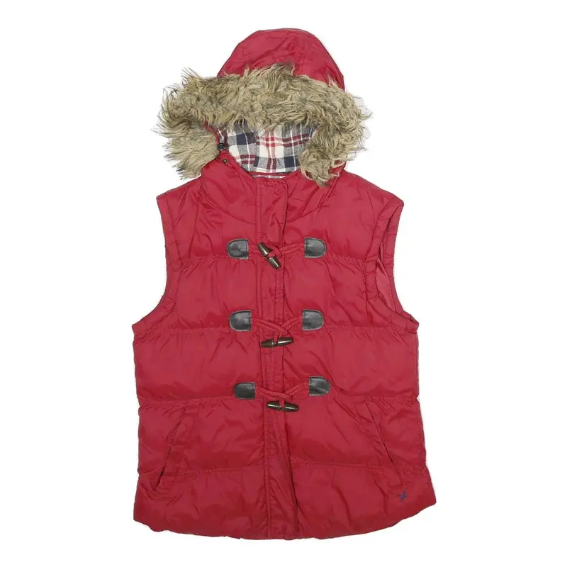 Denim Co Womens Red Nylon Puffer Gilet Hooded Uk 12 Zip Plaid Check Lining 1
